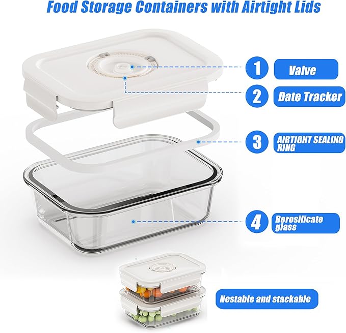 Vacuum Sealer & Food Storage Container for Food, Vacuum Sealer for Food + 3 Glass Vacuum Containers |Square [18 Oz/27 Oz/42 Oz]+ 10 Food Saver Sealer Bags,For Freezer, Sous Vide, Meal Prep