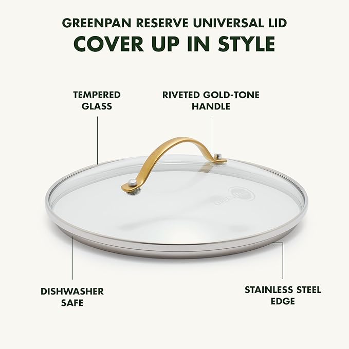 GreenPan 8" Tempered Glass Lid for Pots and Pans Cookware, Gold-Tone Handle with Matte Finish, Dishwasher and Oven Safe