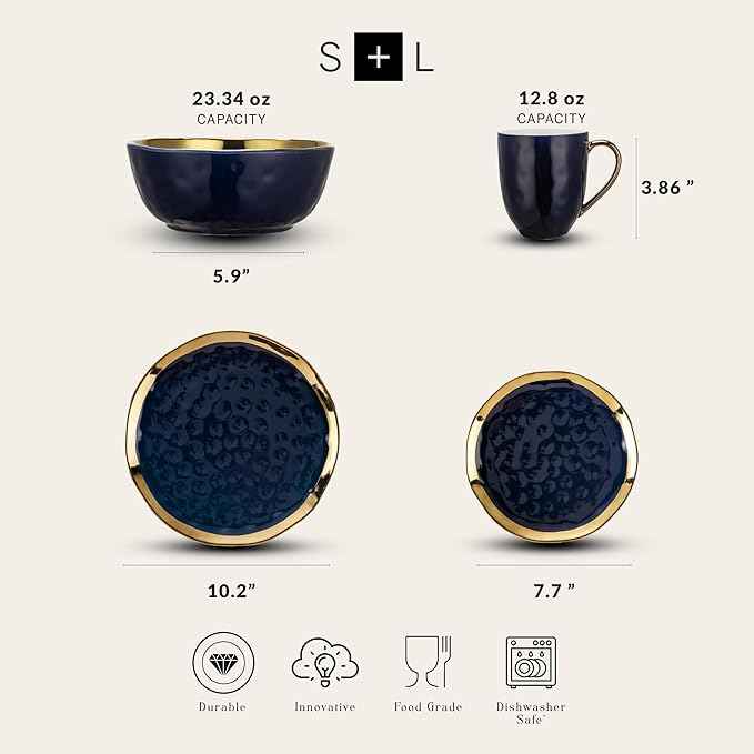 Stone Lain Florian Modern Porcelain Dish Set, 32-Piece Dishes for 8, Gold and Blue