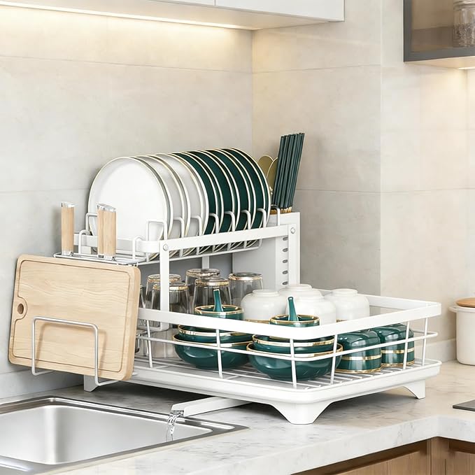 BCWW Drying Rack Dishes Stainless Steel Large Capacity 2-Tier Drying Rack Kitchen Counter Organizer with Cup Holder, Utensil & Cutting Board Storage, Space Saving (White)