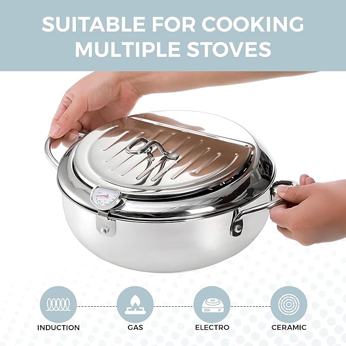 Alpha Living SDF-04 Deep Fryer Pot – 11-Inch Stainless Steel Frying Pot with Oil Thermometer – Ideal for Deep Frying Chicken, Fries, Mini Donuts, Tempura & More – Frying Pan for Home Use