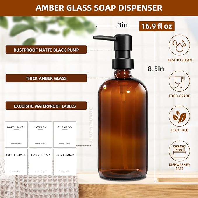 Dish Soap Dispenser for Kitchen, 16.9 fl oz Amber Hand and Dish Soap Dispensers, Kitchen Soap Dispenser Set with Sponge Holder, Brush Holder and Loofah Sponge, Countertop Sink Organizer Accessories