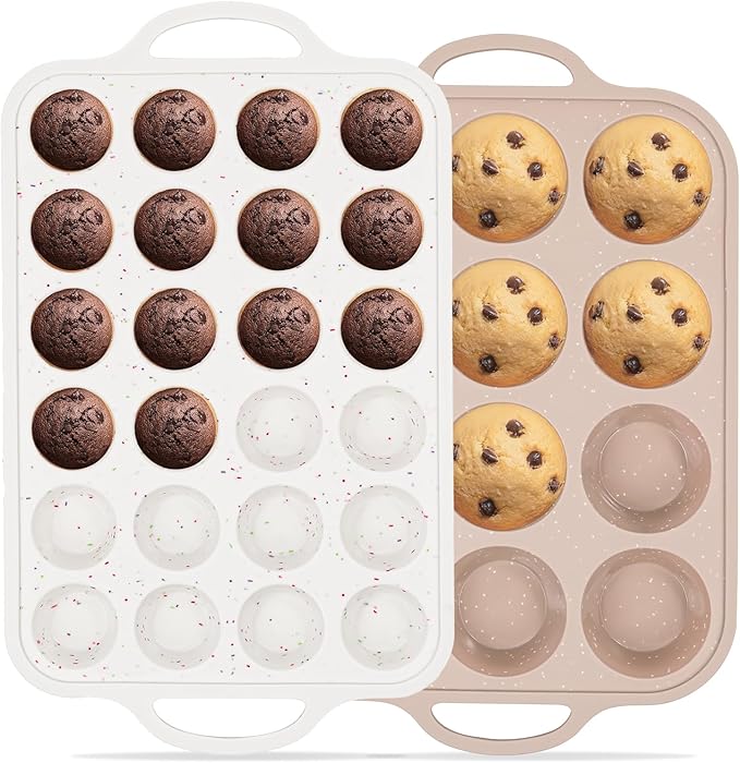 Vinino 2Packs Silicone Muffin Pans for Baking with Metal Reinforced Frame, 12 Cups Regular and 24 Cups Mini Nonstick Cupcake Pan, BPA Free Oven Dishwasher Safe Baking Mold for Muffins Cupcakes