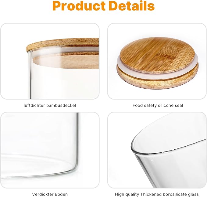 6-Pack Glass Food Storage Jars Set (3 Square + 3 Round), 37oz Airtight Clear Canisters with Bamboo Lids, Stackable Pantry Containers for Flour, Sugar, Rice, Pasta, Nuts, Candy & Spice Organization