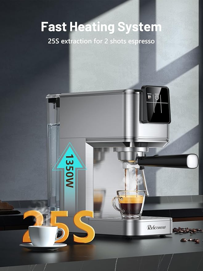 RELEXNOW Espresso Machine, 20 Bar Espresso Maker Milk Frother & LCD Panel, Hot & Iced Coffee Machine, Stainless Steel Espresso Coffee Machine with 41oz Water Tank for Cappuccino, Latte