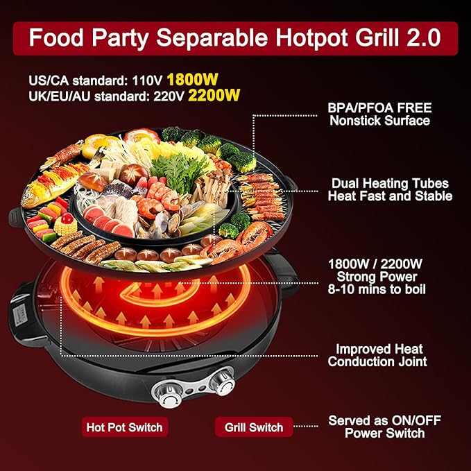 Food Party Hot Pot Electric Korean BBQ Grill 2 in 1 Hotpot Smokeless Indoor Grill Removable Cooking Plate Easy Cleaning 110V 1800W Shabu Shabu Pot with Divider