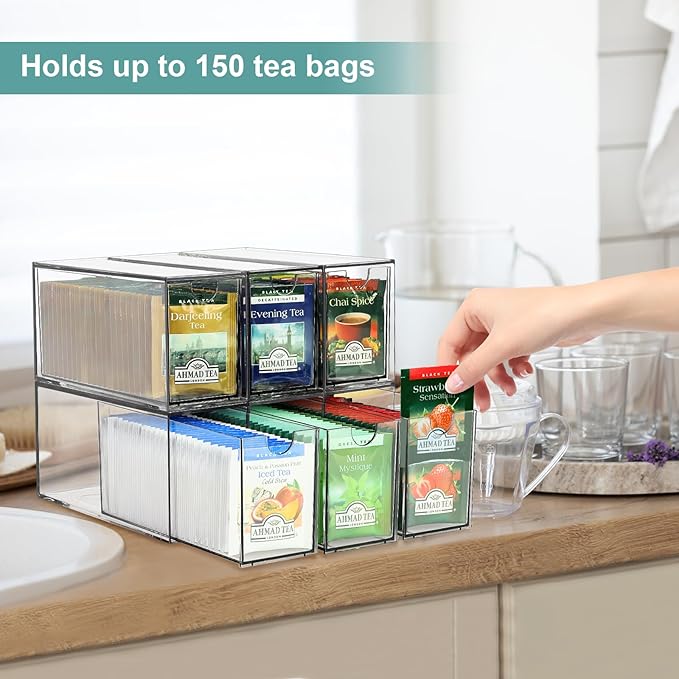 6 Tea Bag Organizer and Storage, Acrylic Tea Bag Holder Organizer, Plastic Tea Drawer Container for Cabinet