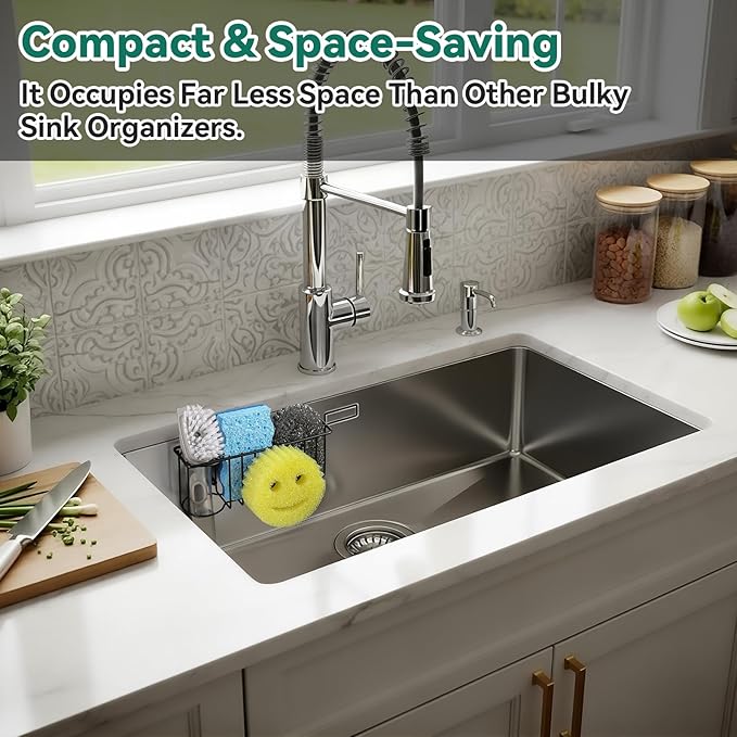 3-IN-1 Multiuse Sponge Holder for Kitchen Sink, Sponge Caddy for Scrub Daddy/Scrub Mommy Smiley Face, Sink Organizer Accessories for Dish Brush, Scrubber - with 2 Suction Cups & 1 Adhesive Hook