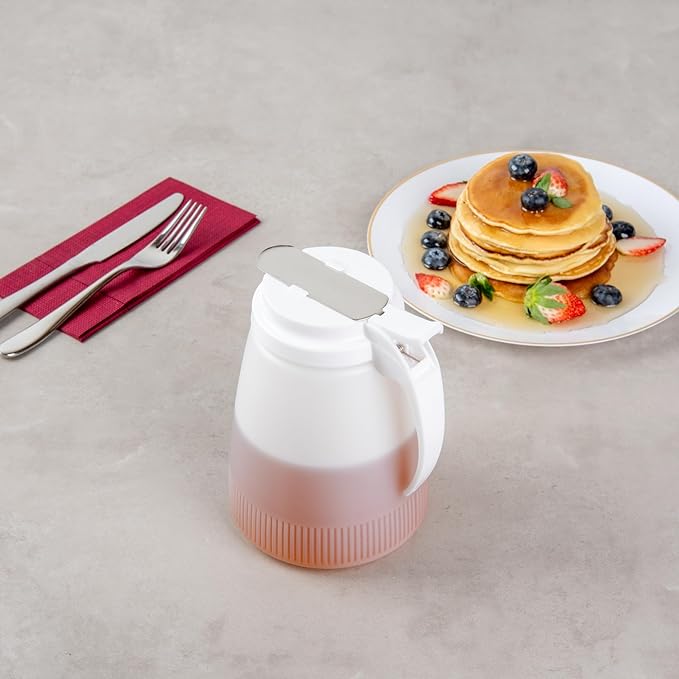 Restaurantware-Chef 101 48 Ounce All Purpose Syrup Dispenser, 1 Honey Dispenser - White Top, Stainless Steel Slide Cover, Plastic Pancake Syrup Bottle, Perfect For Diners, Restaurants, Home