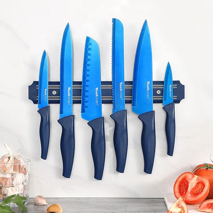 Wanbasion 7 Piece Blue Kitchen Knife Set with Magnetic Strip, Kitchen Knife Set Stainless Steel, Sharp Knife Set for Kitchen for Meat Vegetable Cutting
