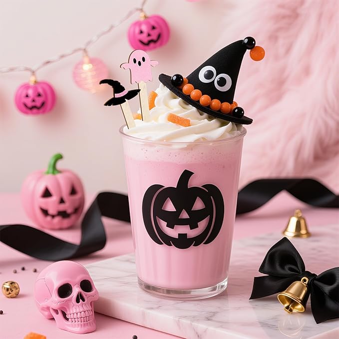 JarThenaAMCS 120Pcs Halloween Coffee Stirrers Disposable Pink Black Ghost Bat Cat Pumpkin Stir Sticks Wooden Drink Stirrer for Hot Chocolate Milkshake Restaurant Home Office