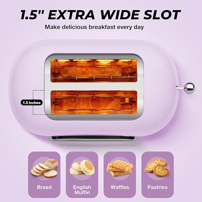 Roter Mond 2 Slice Toaster Smart Touch Screen, Retro Stainless Steel Bread Toaster with Digital Timer, Sleep Mode, Bagel, Cancel, and Defrost Functions, 6 Bread Types and Shade Settings, Light Purple