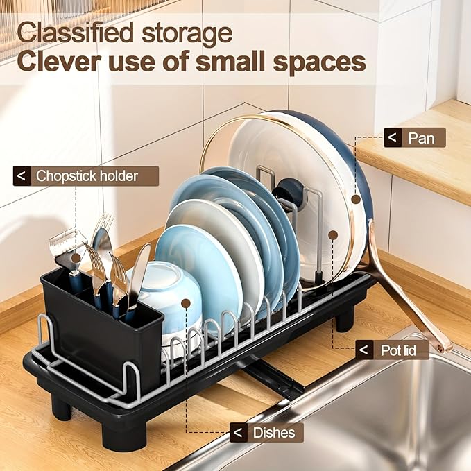 Compact Dish Drying Rack for Countertop, Small-Sized for Dorms, RVs & Tiny Kitchens, Auto-Drain, Adjustable Slots, Rust-Resistant with Utensil Caddy & Sponge Holder (Black)
