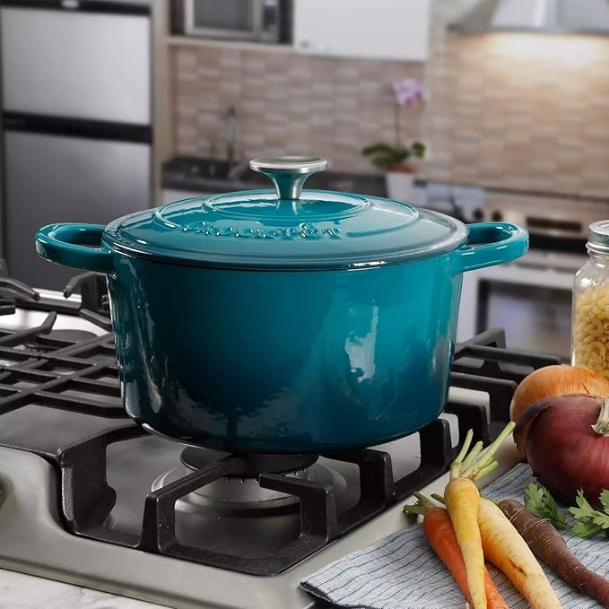 Crock-Pot Artisan 5-Quart Round Enameled Cast Iron Dutch Oven – Teal Ombre, Durable Heavy-Duty Cookware for Slow Cooking, Roasting, Baking with Lid