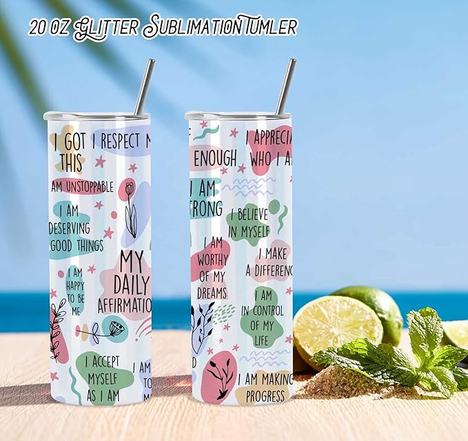 Glitter Sublimation Tumblers 20 Oz Skinny Straight, 8 Pack Stainless Steel Sublimation Glitter Shimmer Tumbler Blanks, Individually Boxed, White