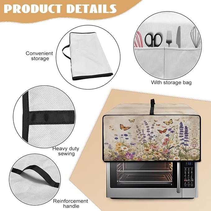 Toaster Oven Cover Washable Small Kitchen Appliance Dust Cover with Pockets, for Air Fryer Toaster Ovens, Microwaves, L, 18.5 x 22.5 x 13 Inches, Retro Floral Butterfly Print