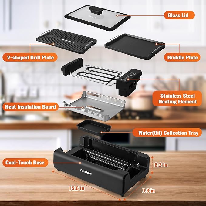 Indoor Smokeless Electric Korean BBQ Grill - 1200W With Non-stick Removable Plate & Griddle, LED Smart Display, Tempered Glass Lid, Adjustable Temperature - Black
