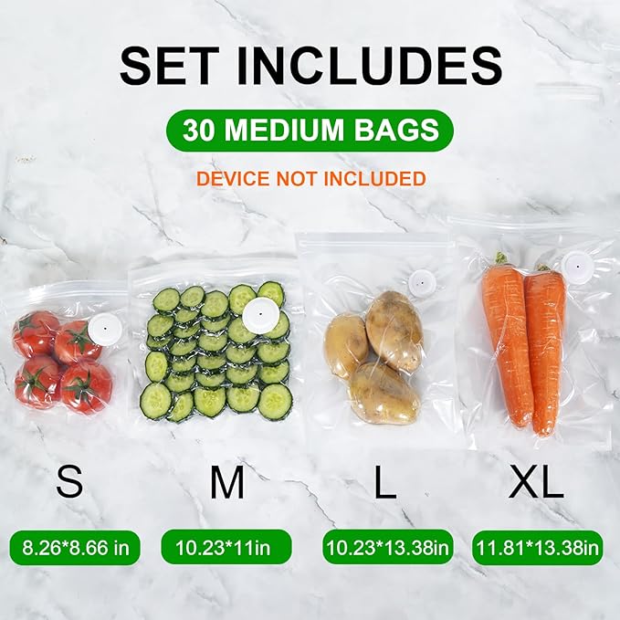 Reusable Vacuum Sealer Bags for Food Storage, 30 Pack BPA-Free (10.23 * 11 in), Freezer & Microwave Safe, Odor & Leak Resistant Vacuum Sealer Vacuum Bag