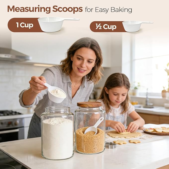 ComSaf 2Pcs (4.2Qt) Wide-Mouth Flour Sugar Storage Containers - Include Scoops & Labels, Easy to Scoop & Airtight, Large Glass Jar for Bakers to Store Bulk Flour, Rice, and Dry Goods in Kitchen Pantry