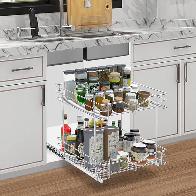 FULGENTE Chrome Finish 2 Tier (17" W X 18" D) Pull Out Drawer Cabinet Organizer Heavy Duty Slide Out Pantry Shelves Sliding Basket Storage For Home Kitchen Bathroom Under Sink Organization