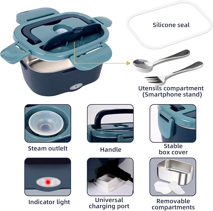 SOHIDA Electric Lunch Box, 12V/24V/110V Portable Food Warmer with SS Fork & Spoon for Car/Truck/Office, 80W Self Heating Lunch Box with 1.5L 304 Stainless Steel Container & 0.45L PP Fruit Box Blue