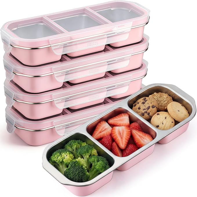 FoldTier 4 Pack Stainless Steel Snack Container for Adults 3-compartment Leak-proof Lunch Box for Work, Travel 10.6 x 4.1 x 2 Inch Stackable Reusable Metal Bento Box(Pink)