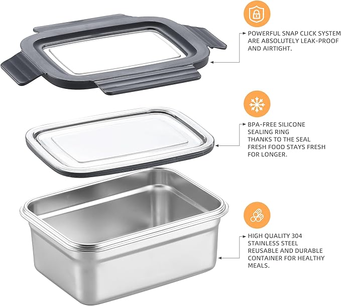 BEFOY Stainless Steel Food Storage Containers with Lids Airtight Bento Lunch Box for Kitchen Leak Proof Meal Prep Stackable Set of 3(450/1100/2500)