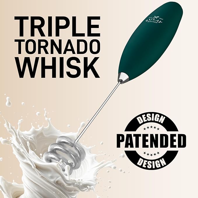 Zulay Kitchen Patented Tornado Triple Whisk Milk Frother with 4 Duracell Batteries – Handheld Foam Maker for Coffee, Lattes, Matcha & Hot Chocolate – Rich, Creamy Froth in Seconds - Dark Green