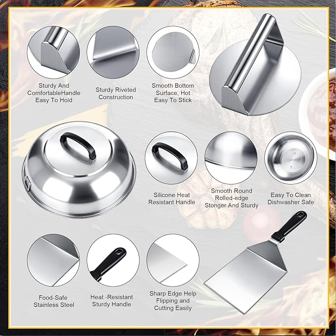 3 Pcs Smash Burger Kit 12" Cheese Melting Cover and 8.5" Burger Press with Grill Spatula Basting Cover, Stainless Steel Hamburger Turner, Melting Dome, Accessories Kit for BBQ Kitchen
