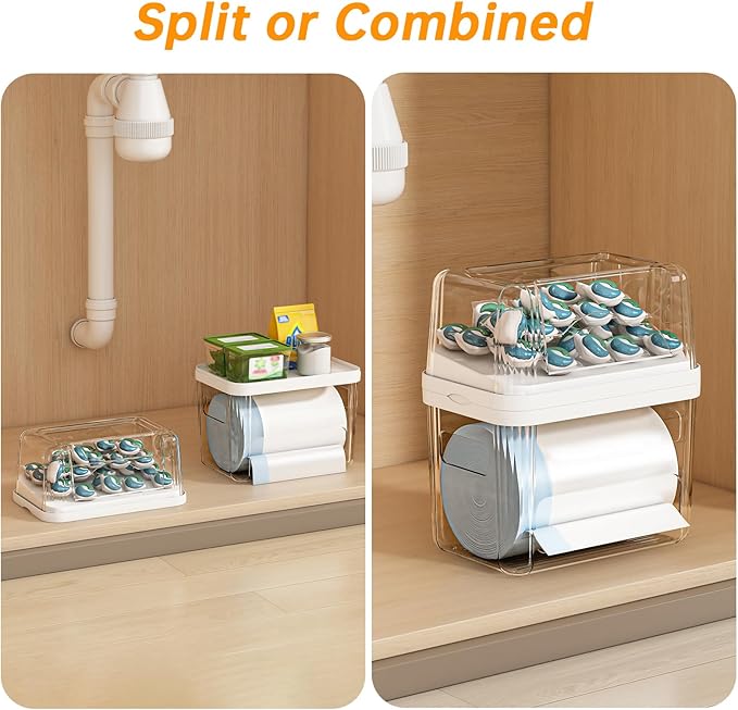 2-in-1 Trash Bag Holder Laundry & Dishwasher Pods Container,Garbage Bag Dispenser with Removable Lids,Kitchen Organizer and Under Sink Storage Box