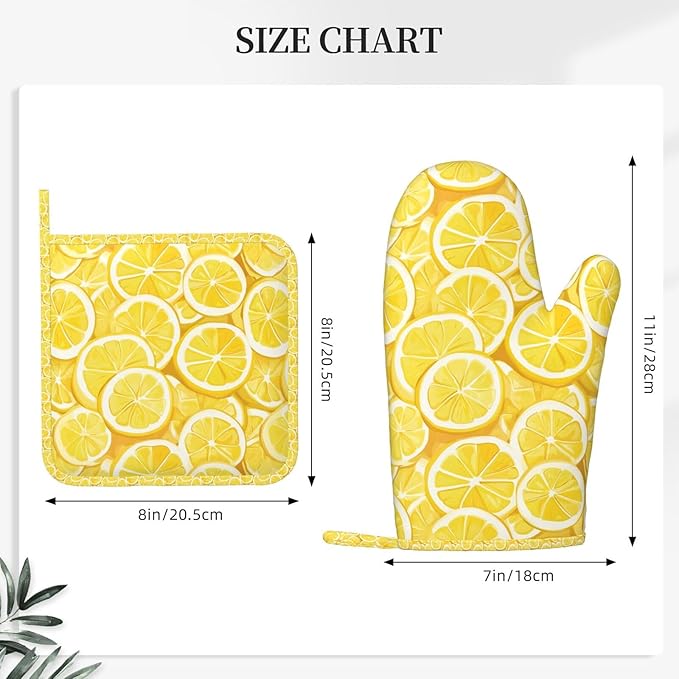 Oven Mitts and Pot Holders Lemon Watercolor Yellow Silicone Kitchen Accessories Set of 4 Heat Resistant Long Gloves Potholder Non-Slip Grip for Chef Cooking Baking Grilling BBQ