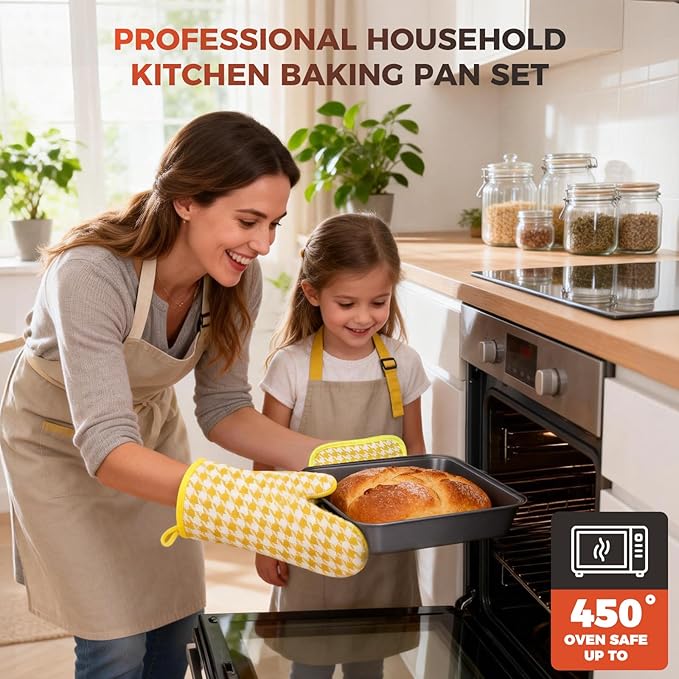6-Piece Baking Pans Set, Non-stick Bakeware Sets Non-Toxic Baking Sheet Sets for Cooking, Include Round＆Square Cake Pan,Bread Pan,Muffin Pan, Cookie Sheet,with Baking Glove,Black