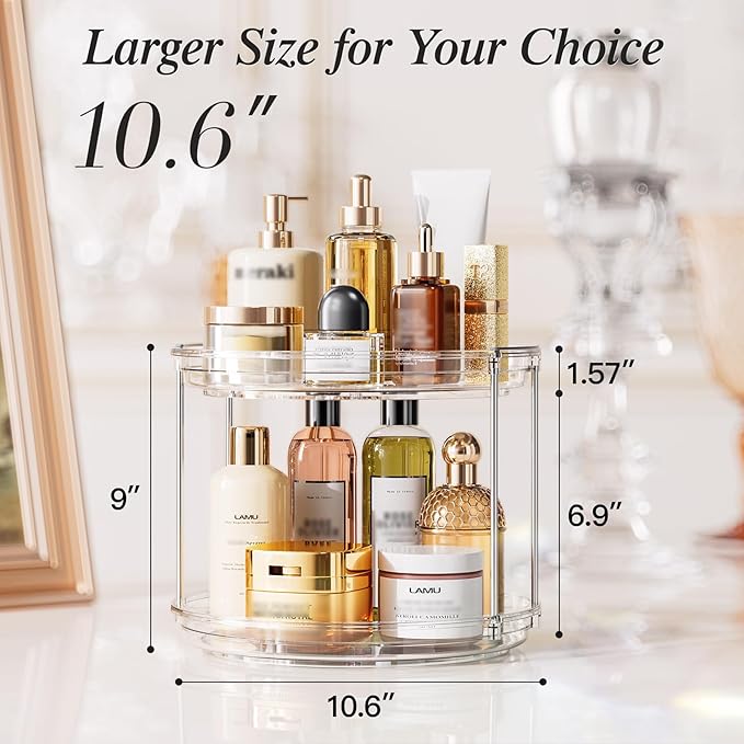 LAMU 4 Pack 10.6'' 2-Tier Lazy Susan Turntable Organizer Rotating Spice Rack Organization for Cabinet, Kitchen, Pantry, Countertop, Bathroom, Vanity, Makeup Organizer, Clear
