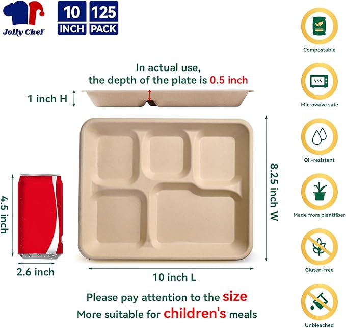 JOLLY CHEF Compostable 5 Compartment Paper Plates 10 * 8.25 * 1 inch 125 Pack Small Disposable Eco-Friendly Biodegradable Food Trays for Primary and Secondary School Students’ Lunch (Brown)