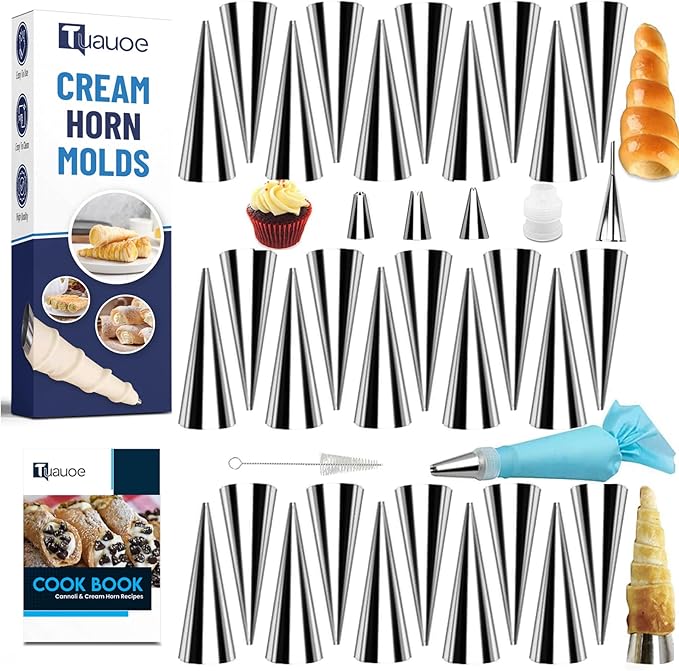 Cream Horn Molds for Baking, 38pcs Horn Forms Set, Non-stick Stainless Steel 30pcs Cone Shaped with Cleaning Brush, Piping Tip, Piping Bag, for ice Cream Cones, Puff Pastry, Baking Cones