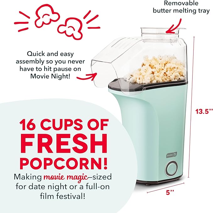 Dash Fresh Pop Popcorn Maker - Oil-Free,Air Popcorn Popper - With Measuring Cup & Recipe Guide - Perfect for Movie Nights - 16 Cups,Aqua,(Pack of 4)