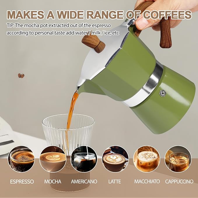 Aluminum 6 Cup 300ml Moka Pot Express Coffee Maker Stovetop Espresso Colorful Coffeemaker Italian Classic Style Brewing Greca Cafe Mocha Machine for Cafeteras Lover Camping Travel and Home Use 10oz