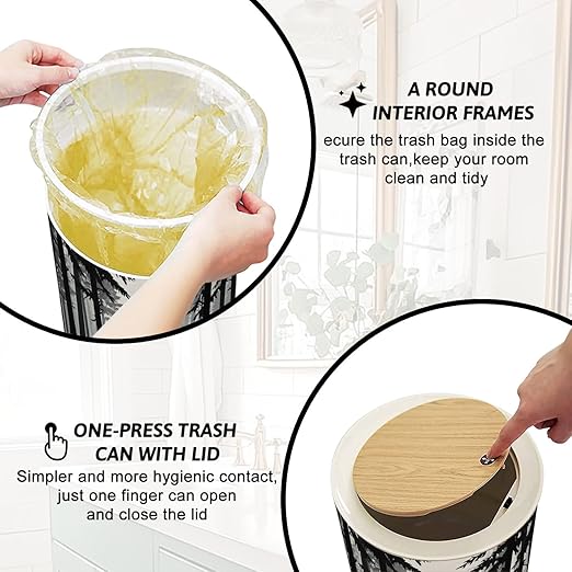 Trash Can with Lid Deer antlers posing forest silhouettes trees Magical misty landscape Press Top Round Small Garbage Bin with Wooden Legs Waste Basket for Kitchen Bedroom Nursery 7L/1.8 Gallon