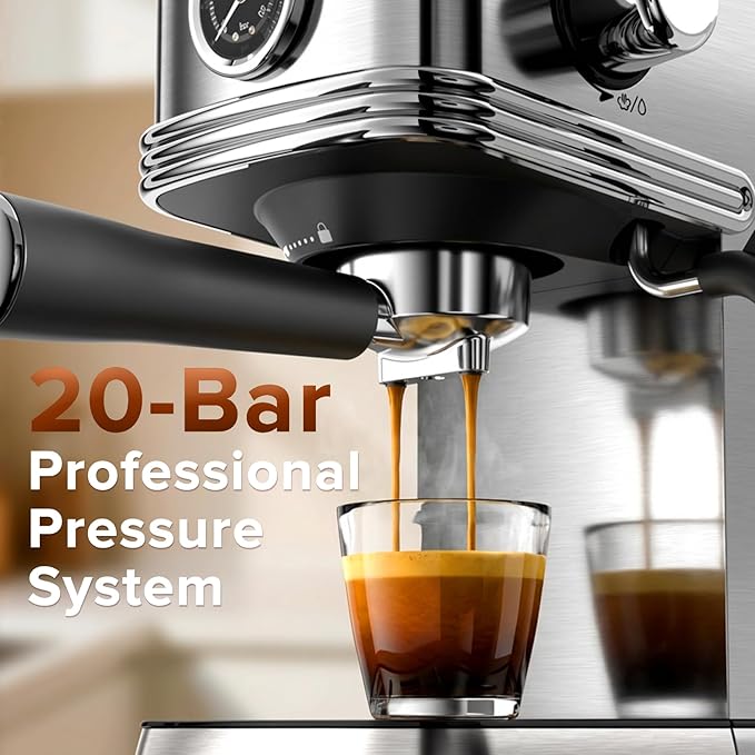 Kndko Espresso Machine, 20 Bar Espresso Maker with Milk Frother Steam Wand, with 45 OZ Removable Water Tank, Latte & Cappuccino Machine for Home, Office, Stainless Steel Color
