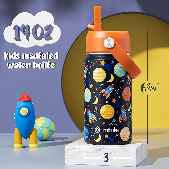 Fimibuke Kids Insulated Water Bottle, 14oz BPA FREE 18/8 Stainless Steel Travel Tumbler Double Wall Vacuum Leak Proof Kids Cup with Straw Metal Water Bottle for School Boys Girls(1 Pack, Space)