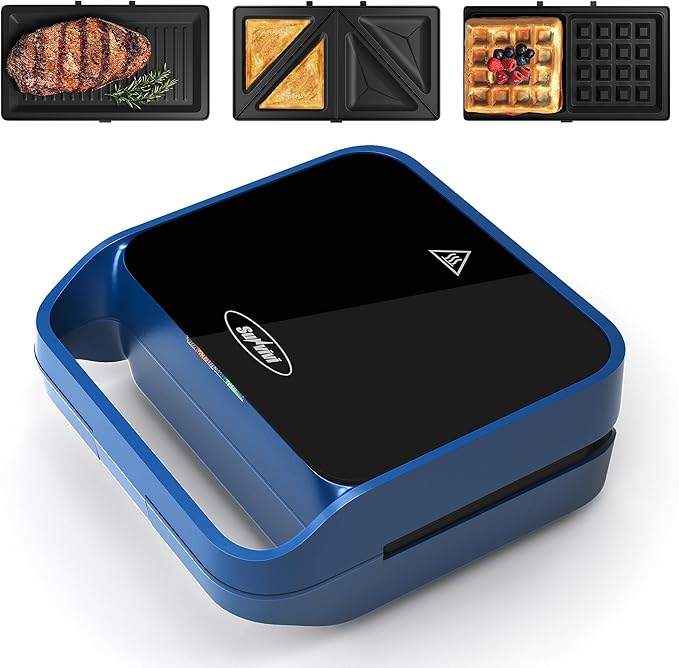 Sunvivi 3 in 1 Sandwich Maker, Electric Waffle Maker with Removable Non-stick Plates, 850W Panini Press Grill with Glass Top, Cool Touch Handle & Easy to Clean, Blue
