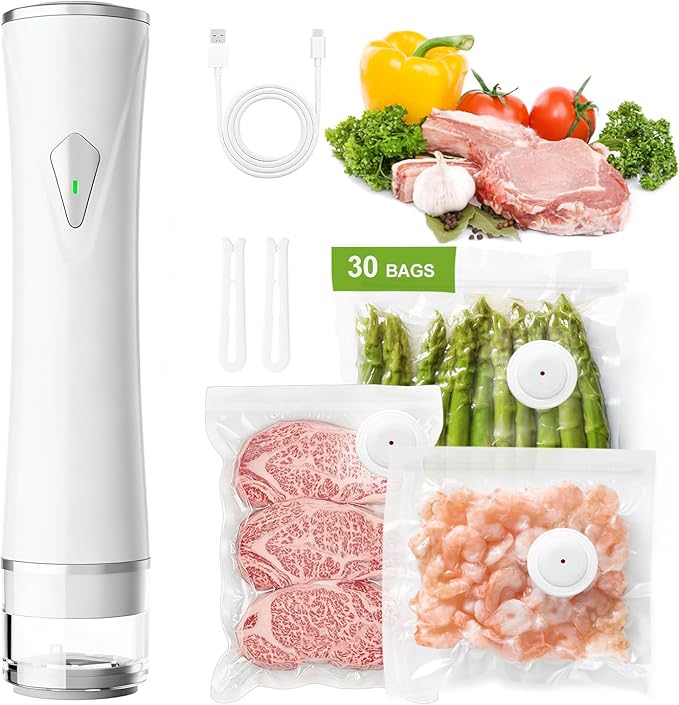 Compact Vacuum Sealer Machine for Food Storage, 5S Fast Seal Powerful Food Vacuum Sealer with 30PCS Reusable Vacuum Bags, Automatic Handheld Food Saver for Storage, 10X Fresh, Sous Vide, Gift etc.