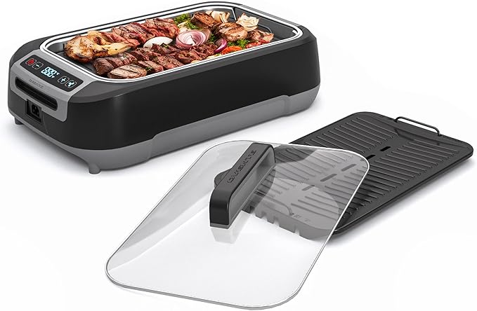 OVENTE Smokeless Indoor Grill, 1500W Electric Portable Korean BBQ Grill with One-Touch Control, LED Smart Display, Tempered Glass Lid, Two Removable Non-Stick and Dishwasher Safe Plates, Black SGR85B
