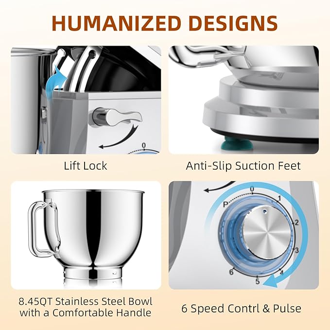 Dough Mixer 8.45 QT Electric Mixer - 660W 6 Speed Large Capacity Kitchen Stand Mixer with Whisk Dough Hook Mixing Beater Household Food Mixer for Baking Cakes Cookie Bread Salad