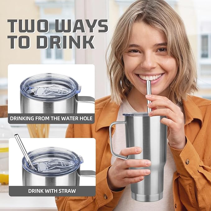 20 oz Tumbler with Handle Stainless Steel Insulated Coffee Mug Tumbler with Lid and Straw Double Wall Vacuum Insulated Coffee Mug Leak Proof Travel Mug Tumbler for Hot and Cold Drink (Silver,4pack)