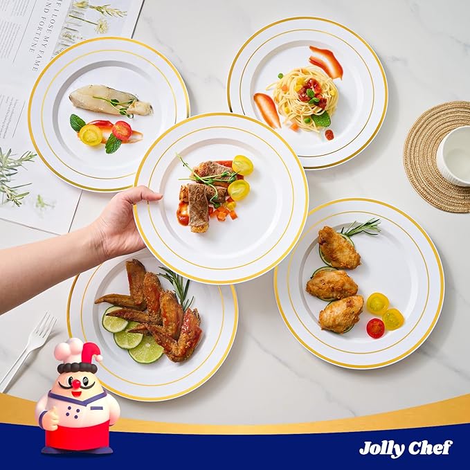 JOLLY CHEF 200 Pieces Gold Plastic Plates, 10 Inch Elegan Disposable Plates White Plate with Gold Rim,Plastic Plates for Thanksgiving、Birthdays and Weddings