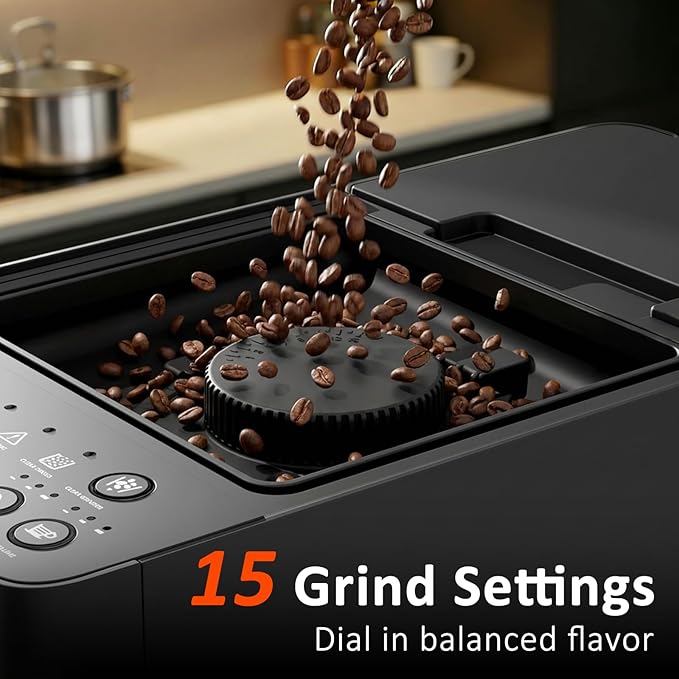 Kndko Automatic Espresso Machine, 20 Bar Coffee Maker with Grinder and Milk Frother Steam Wand, All-in-One Grind and Brew Coffee Maker, Auto Self-Cleaning, Cappuccino & Barista-Style