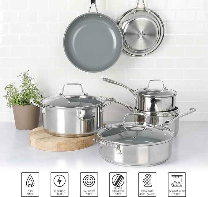 Martha Stewart Delaroux 10 Piece Stainless Steel Pots and Pans Kitchen Cookware Set w/PFAs Free Premium Nonstick Ceramic Interior