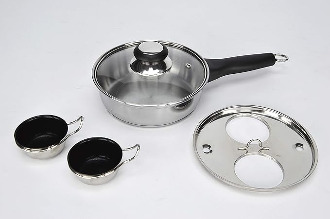 RUNZI 2 Cups Egg Poacher Pan - Stainless Steel Poached Egg Cooker – Perfect Poached Egg Maker – Induction Cooktop Egg Poachers Cookware Set with 2 Nonstick Large PFOA FREE Egg Poacher Cups…