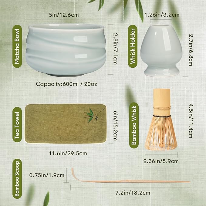 Matcha Whisk Set – Ceramic Matcha Set with Matcha Bowl, Matcha Whisk & Holder, Bamboo Scoop, Tea Towel – 5-Piece Japanese Matcha Kit for Matcha Lovers, Beginners & Gifting (Gray, 20oz)